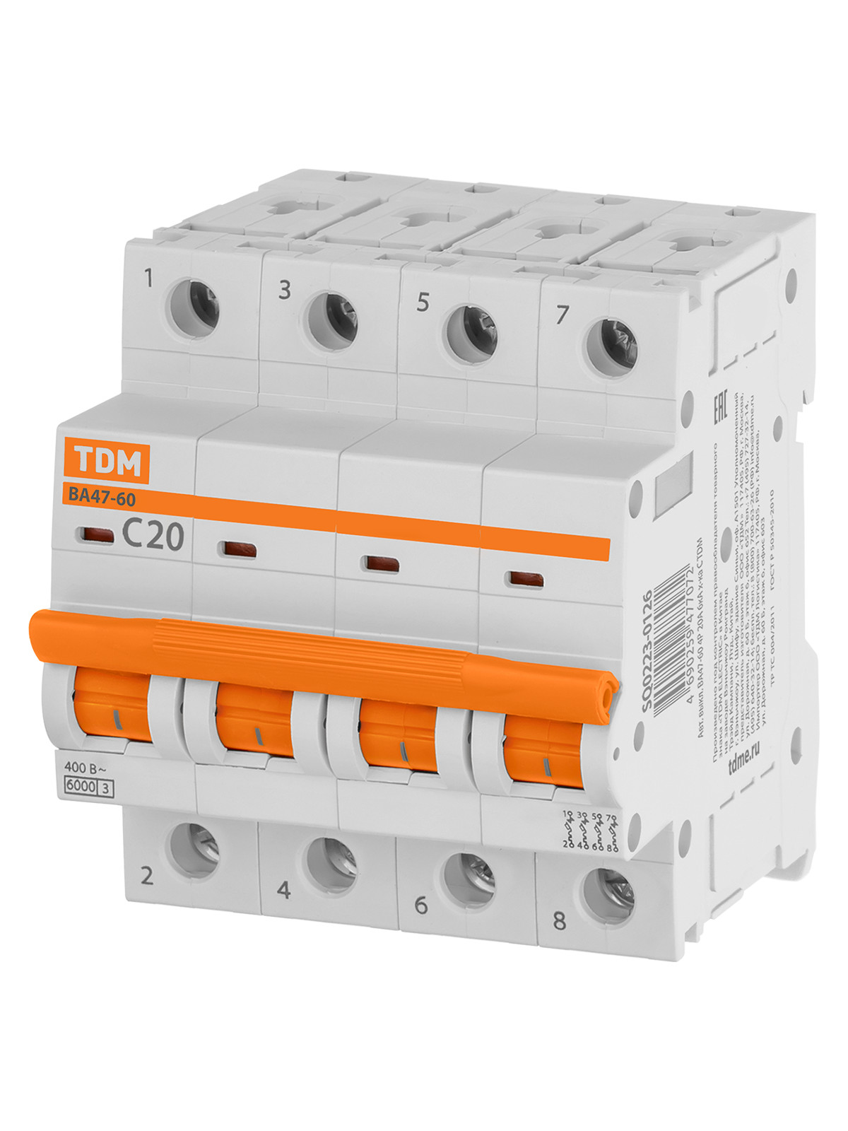 Автоматический выключатель TDM ELECTRIC ВА47-60 4Р 20А 6кА характеристика С