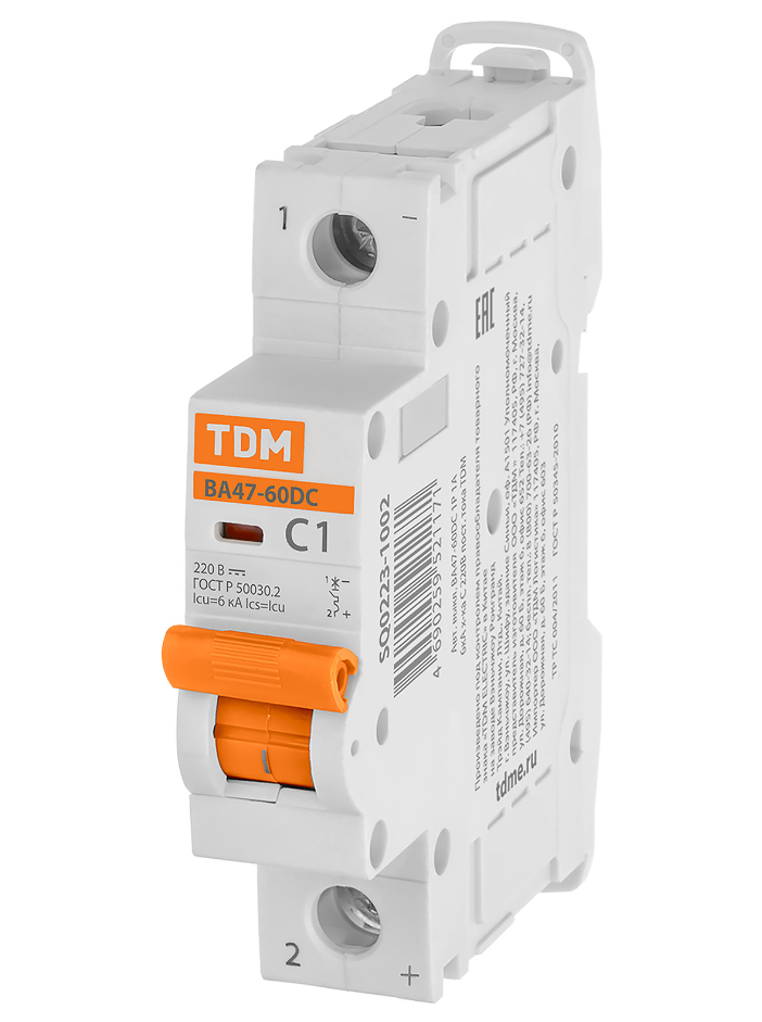 Автоматический выключатель TDM ВА47-60DC 1P  1А 6кА характеристика С купить с доставкой по РФ