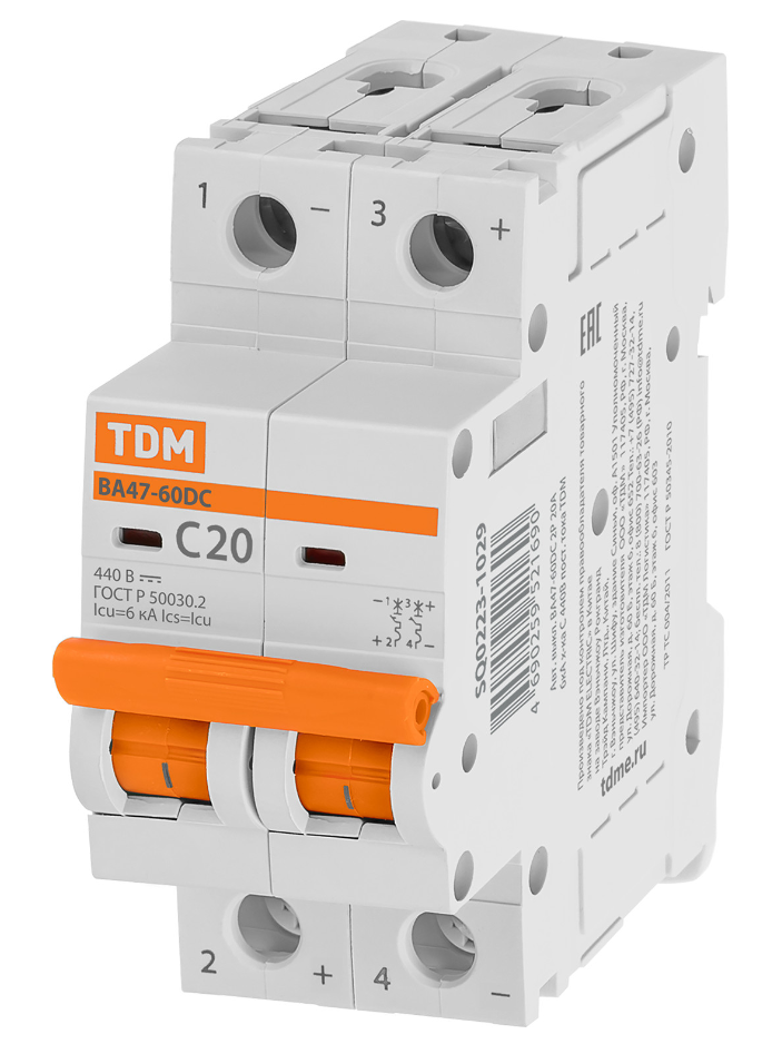 Автоматический выключатель TDM ВА47-60DC 2P 20А 6кА характеристика С