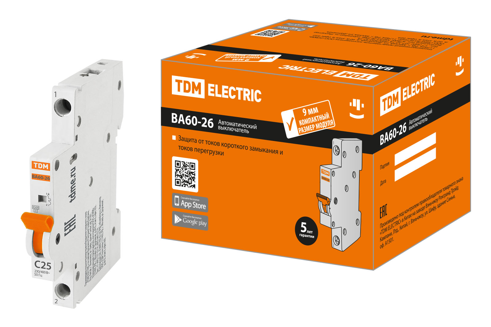 Автоматический выключатель TDM ELECTRIC ВА60-26-14 1P 25А 4,5кА х-ка С компакт купить с доставкой по РФ