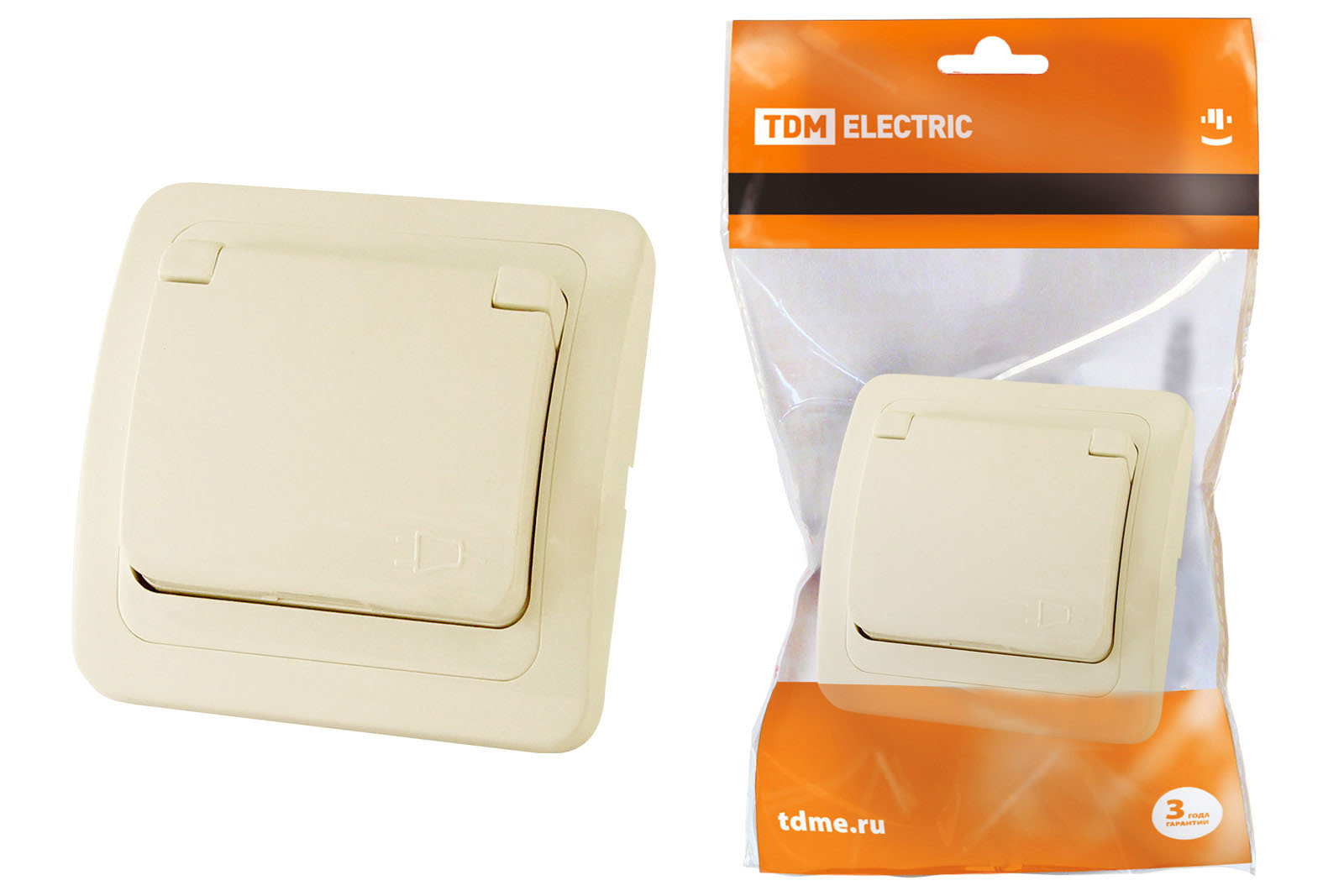 Розетка TDM ELECTRIC Валдай с крышкой 2П+З 16А IP44 сл. кость