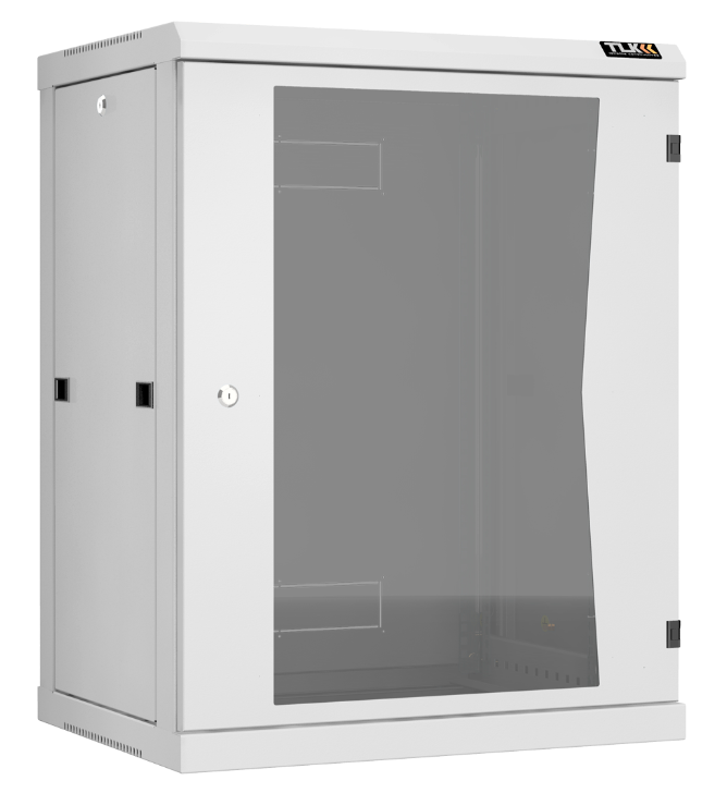 Настенный разборный шкаф TLK 19", 15U, стеклянная дверь, Ш600хВ770хГ450мм, 2 пары монтажных направляющих, серый