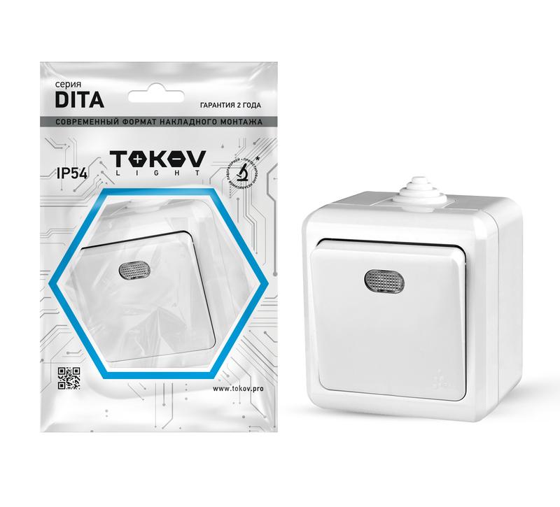 Выключатель TOKOV ELECTRIC 1-кл. ОП Dita IP54 10А 250В с индикацией бел.