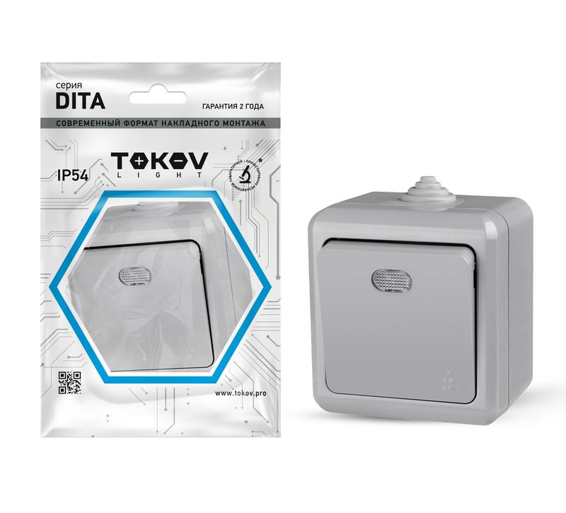 Выключатель TOKOV ELECTRIC 1-кл. ОП Dita IP54 10А 250В с индикацией сер.