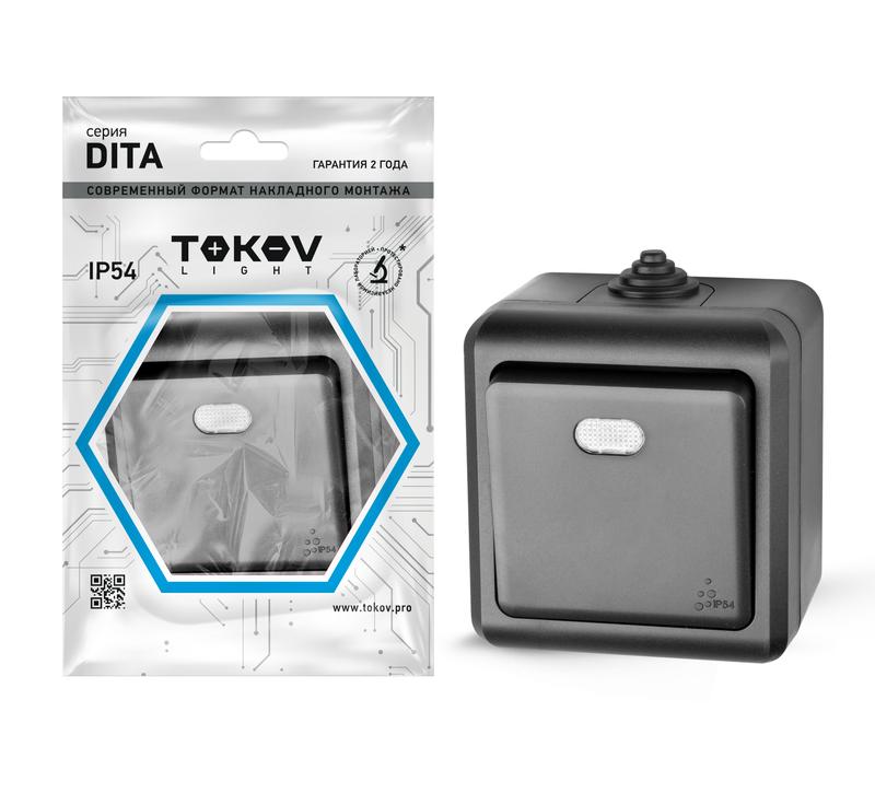 Выключатель TOKOV ELECTRIC 1-кл. ОП Dita IP54 10А 250В с индикацией карбон