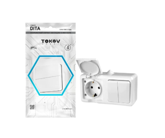 Блок TOKOV ELECTRIC ОП Dita (розетка 16А 250В с заземл. + 2-кл. выкл. 10А) IP54 бел.