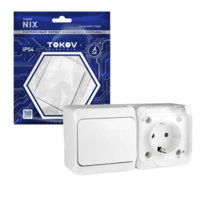 Блок  TOKOV ELECTRIC  ОП Nix (розетка 16А 250В с заземл. 1-кл. выкл. 10А) IP54 бел.