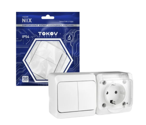 Блок TOKOV ELECTRIC ОП Nix (розетка 16А 250В с заземл. 2-кл. выкл. 10А) IP54 бел.