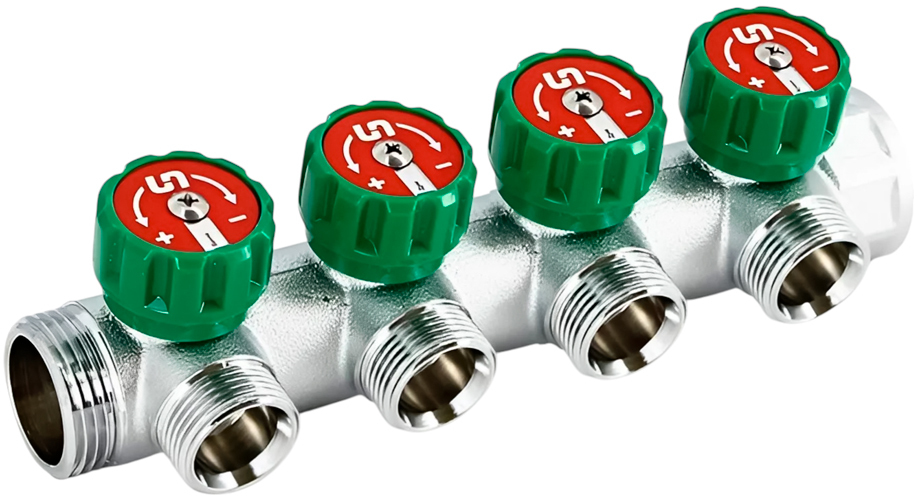 Коллектор Uni-fit НВ 1" 4 х 3/4" EK 45 мм с выходами под 90', хромированный с вентилями