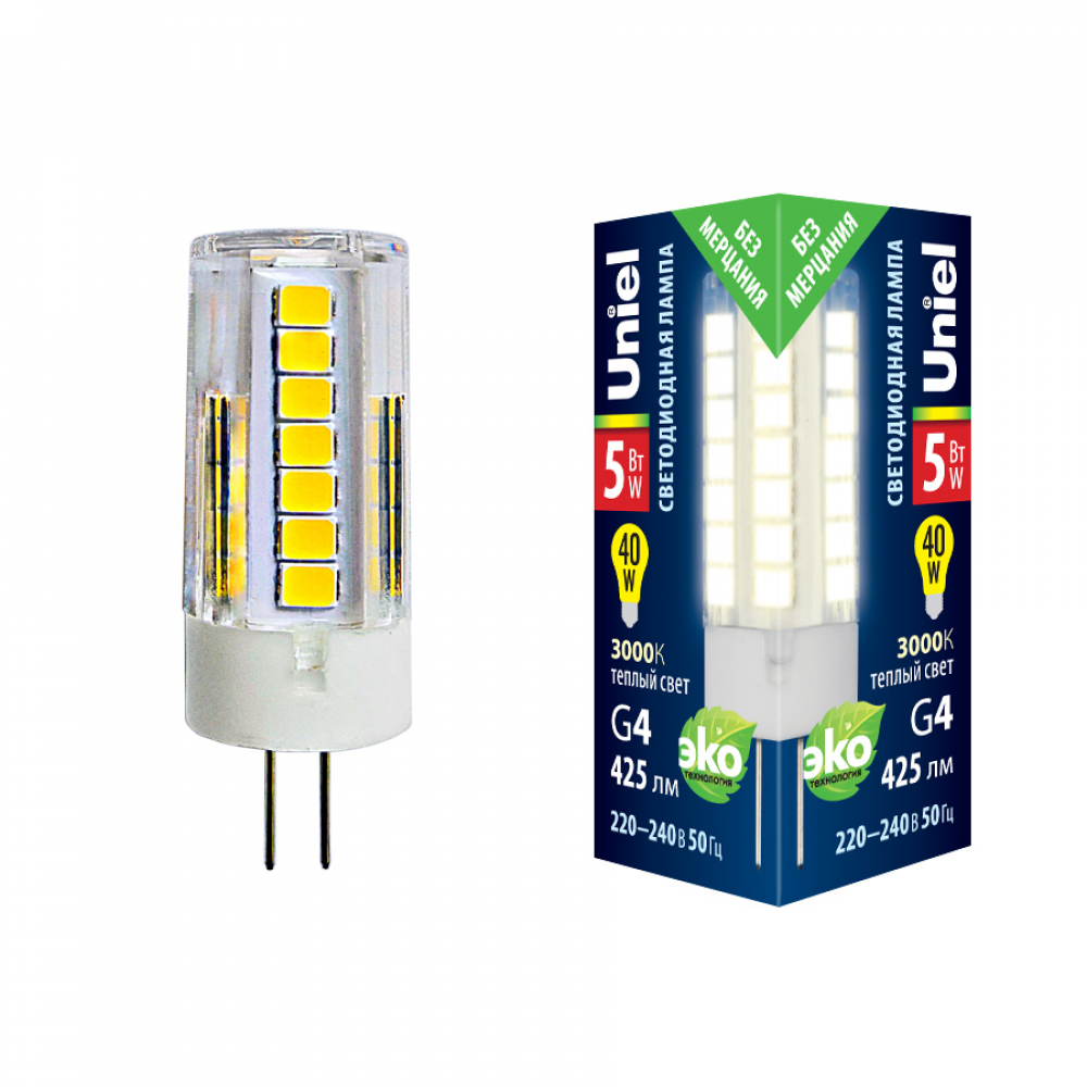 Лампа светодиодная Uniel G4 5W 3000K прозрачная LED-JC-220/5W/3000K/G4/CL GLZ09TR