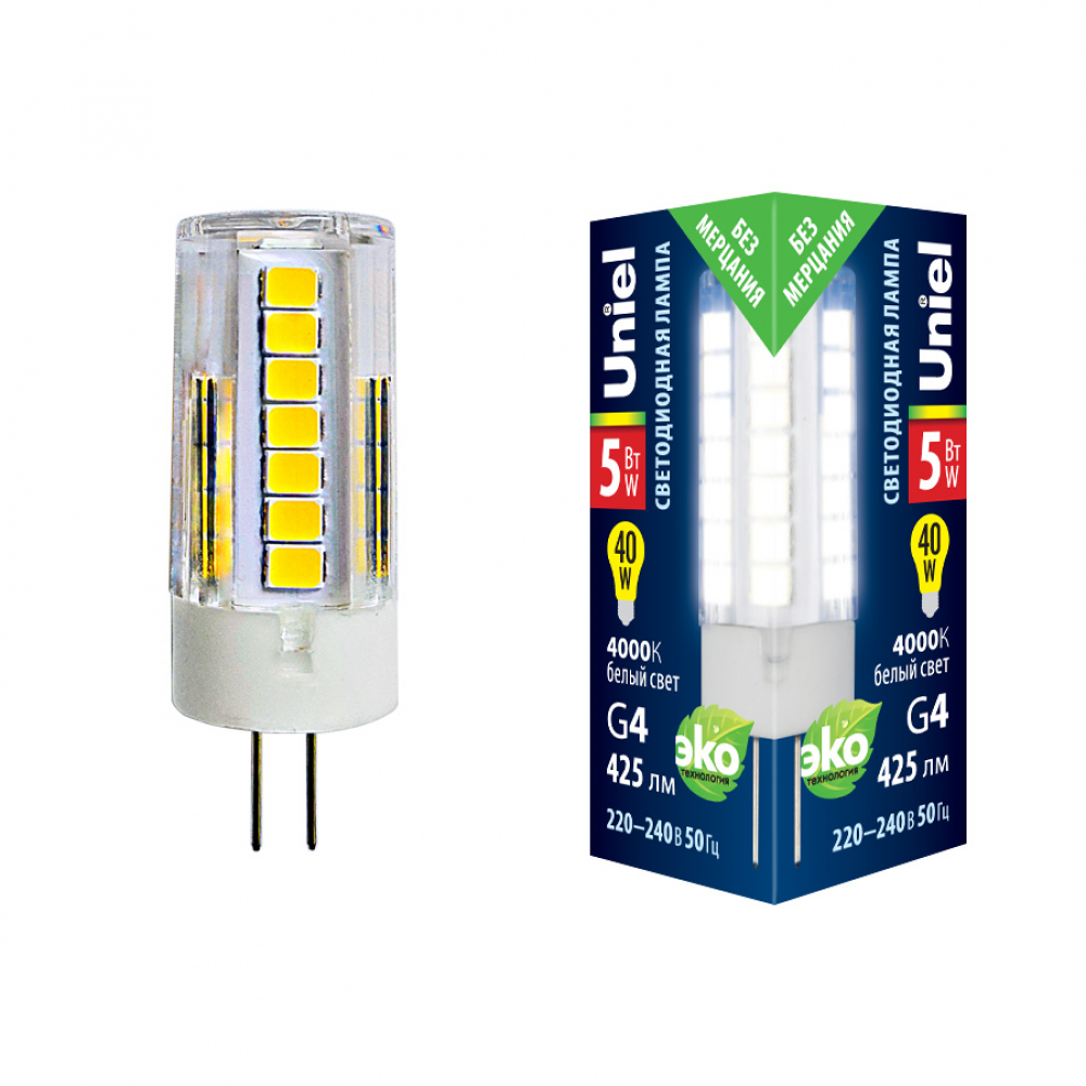 Лампа светодиодная Uniel G4 5W 4000K прозрачная LED-JC-220/5W/4000K/G4/CL GLZ09TR