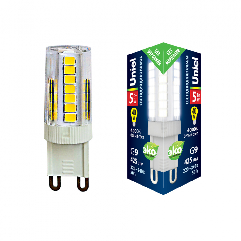 Лампа светодиодная Uniel G9 5W 4000K прозрачная LED-JCD-5W/4000K/G9/CL GLZ09TR