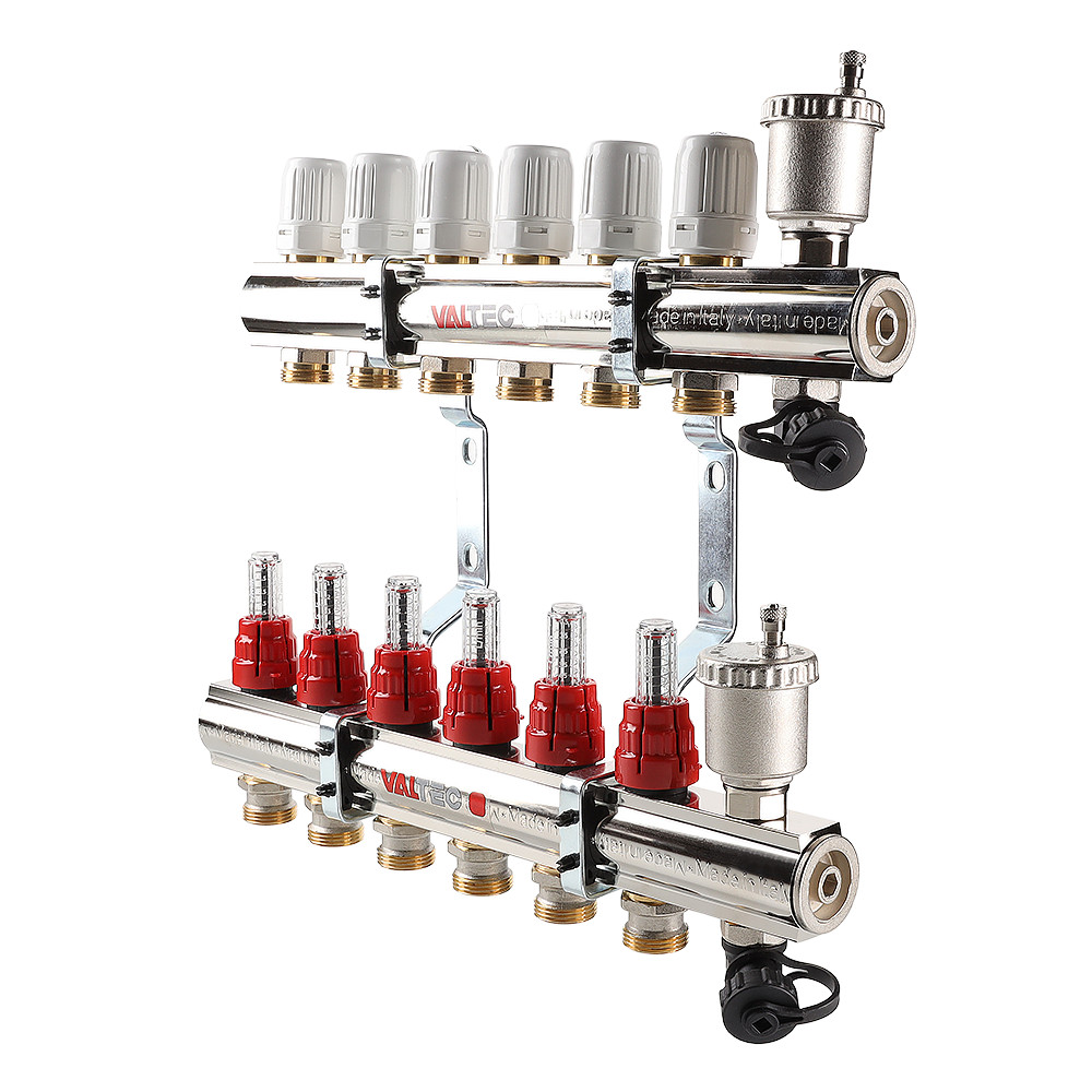 Коллекторный блок Valtec латунный с термостатическими клапанами и расходомерами VTC.596.EMNX.0603 купить с доставкой по РФ