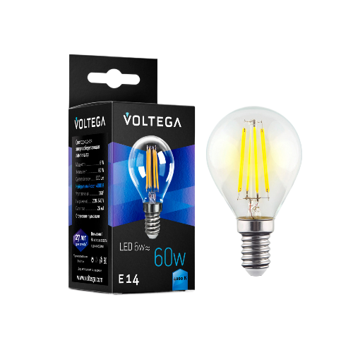 Лампа светодиодная филаментная Voltega Crystal E14 6Вт 4000K прозрачная 7022