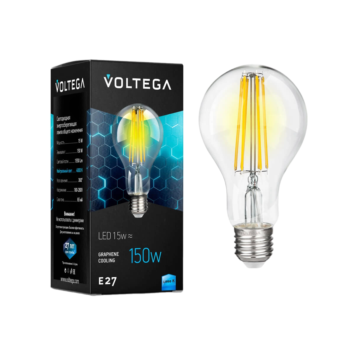 Лампа светодиодная филаментная Voltega Crystal E27 15Вт 4000K прозрачная 7103 купить с доставкой по РФ