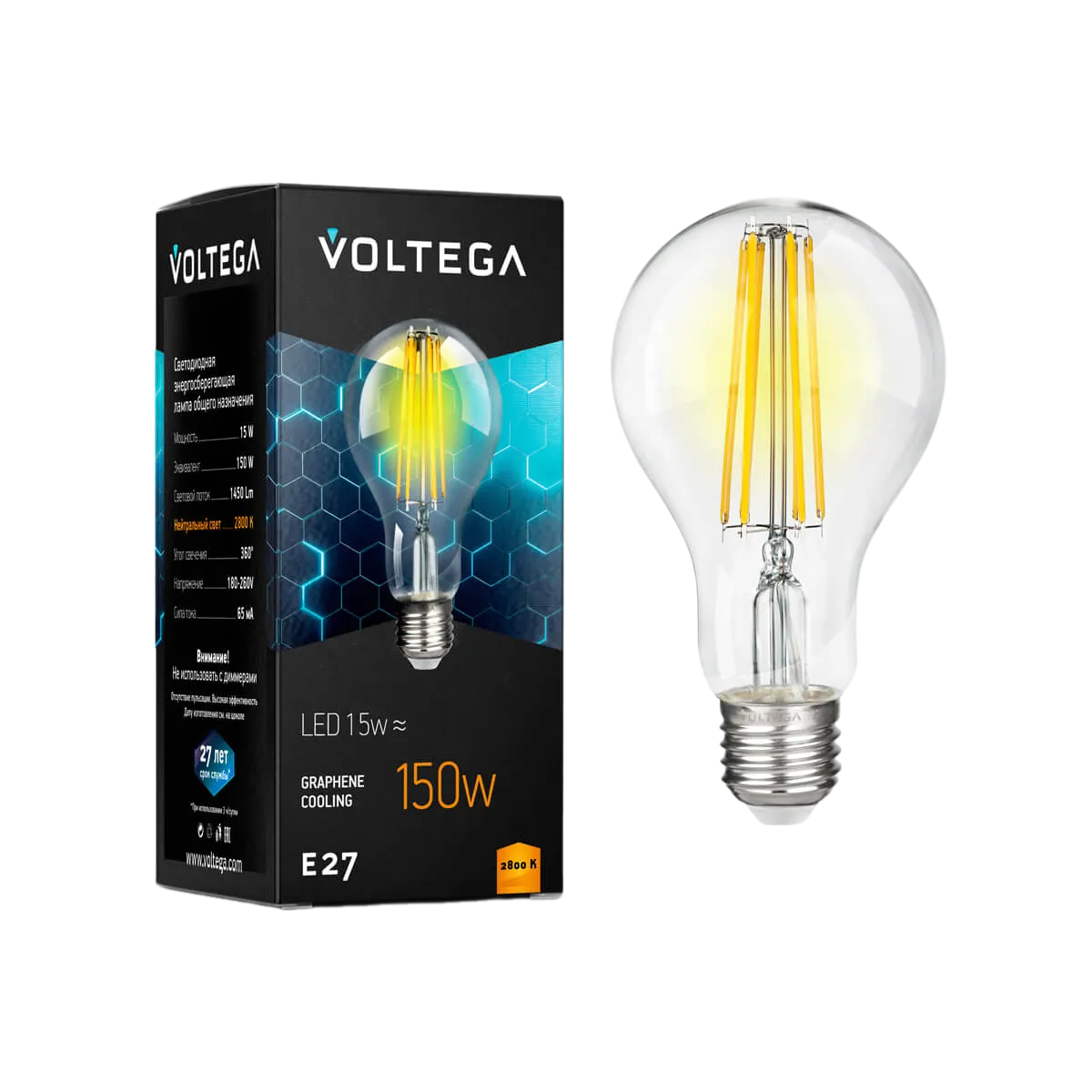 Лампа светодиодная филаментная Voltega Crystal E27 15Вт 2800K прозрачная 7104