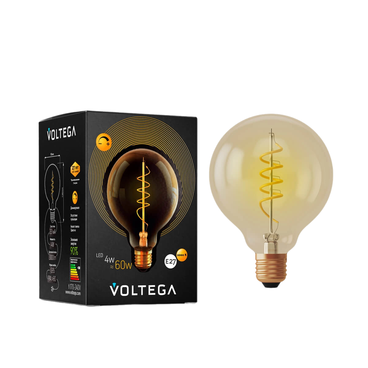 Лампа светодиодная диммируемая Voltega Globe E27 4Вт 2000K прозрачная 7076
