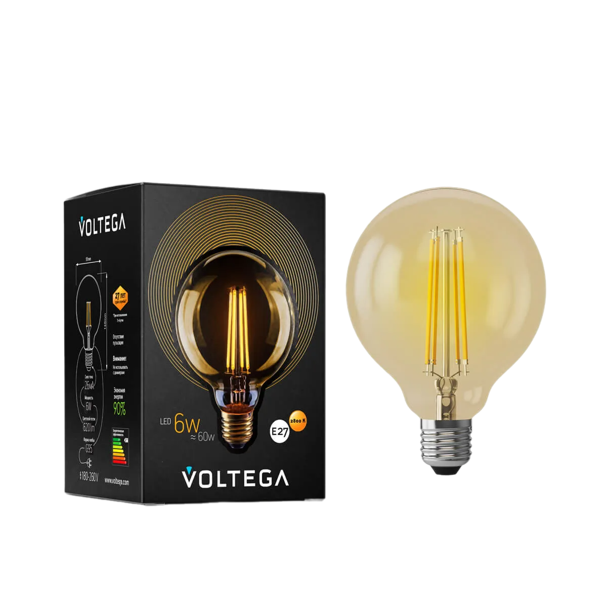 Лампа светодиодная филаментная Voltega Globe E27 6Вт 2800K золотая 7084 купить с доставкой по РФ