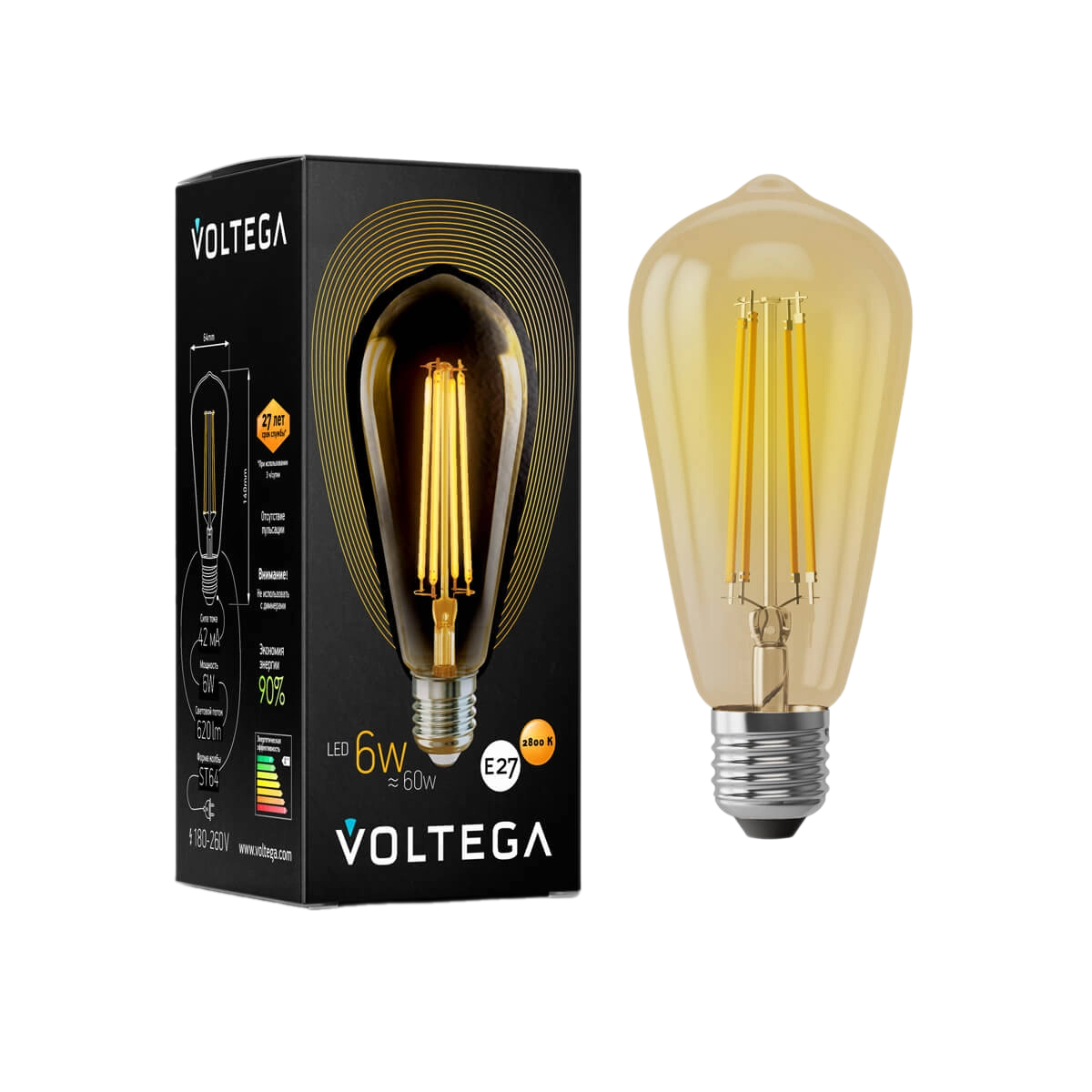 Лампа светодиодная филаментная Voltega ST64 E27 6Вт 2800К золотая 5526