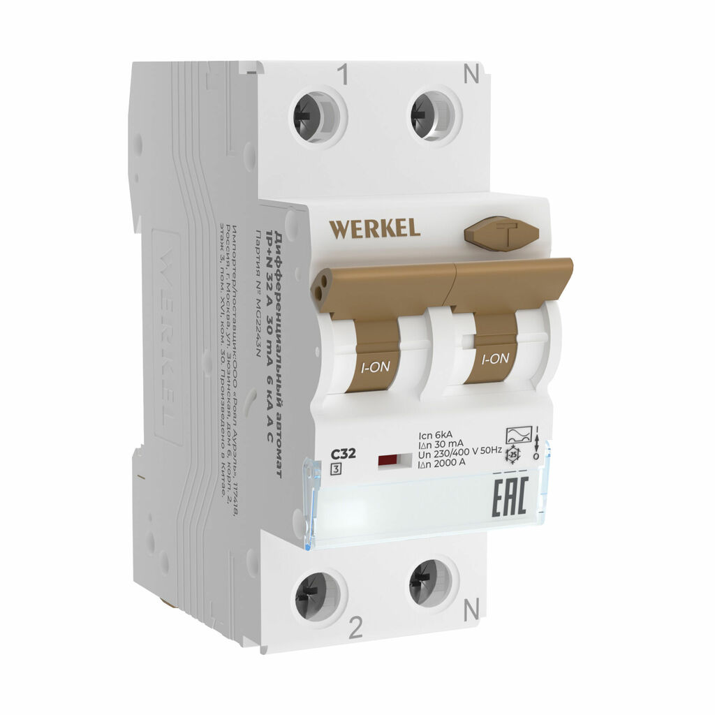 Дифференциальный автомат Werkel 1P+N 32 A 30 mА 6 kА C купить с доставкой по РФ