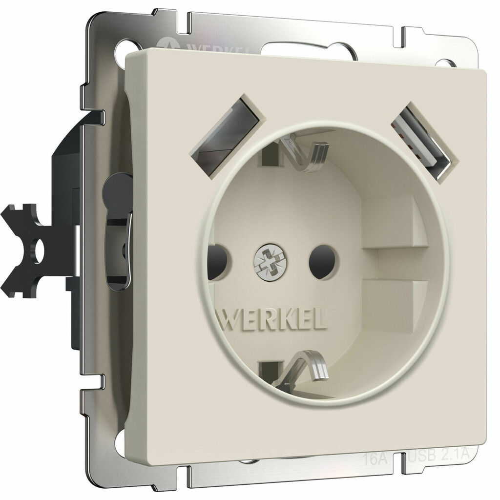 Розетка Werkel с заземлением, шторками и USBх2 (айвори матовый)