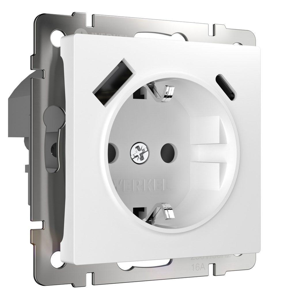 Розетка Werkel с заземлением, шторками и USB тип A+C (белый)