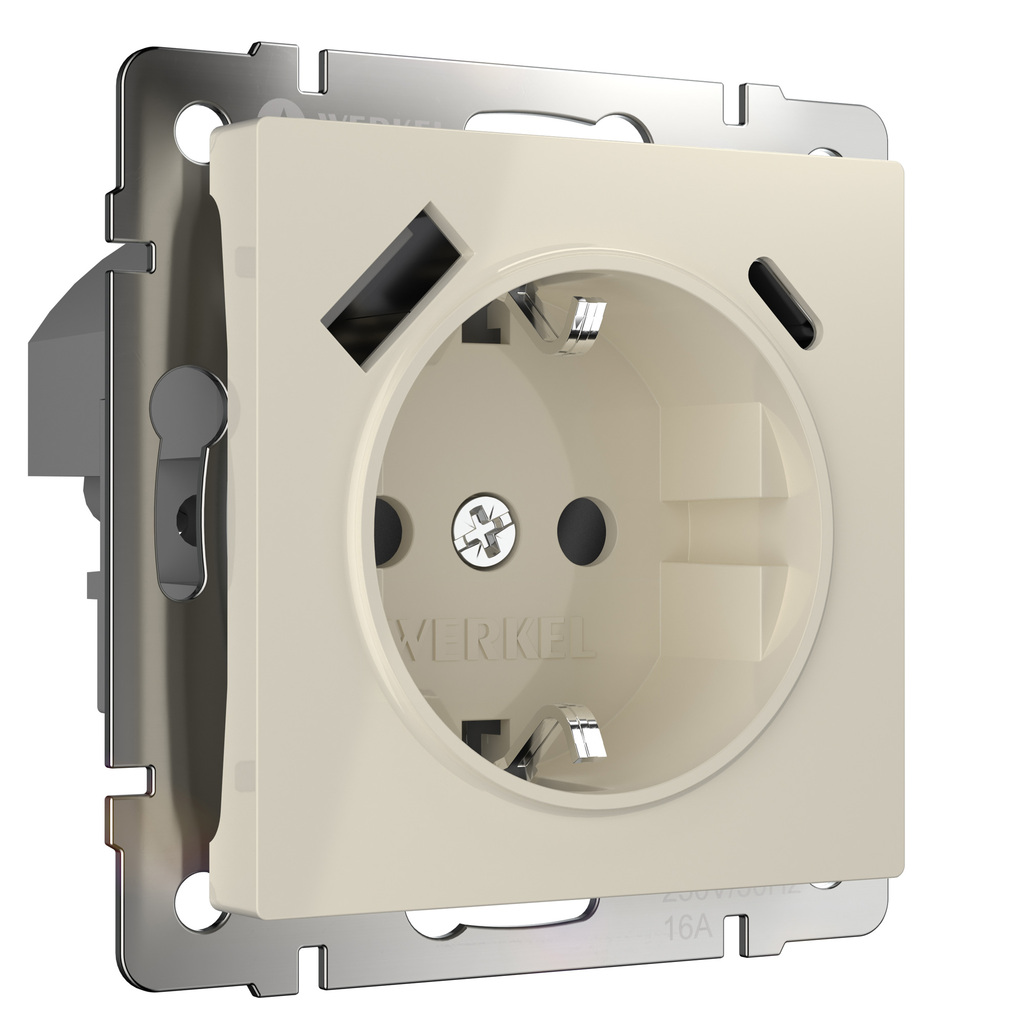 Розетка Werkel с заземлением, шторками и USB тип A+C (слоновая кость)