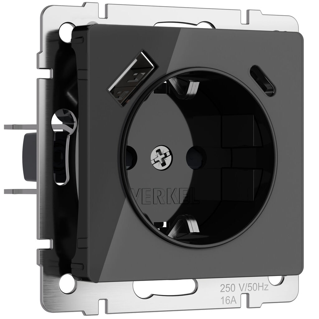 Розетка Werkel с заземлением, шторками и USB тип A+C (черный акрил)