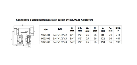 Коллектор лат шар/к син 3/4" м/р 2в 1/2" н/р 35мм Aquasfera 9025-01 заказать со складов по всей России