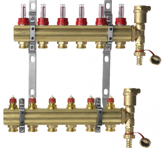 Комплект коллекторов Danfoss FHF-6F set с расходомерами, кронштейнами и воздухоотводчиками, 6 контуров
