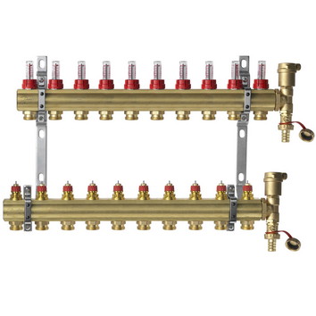 Комплект коллекторов Danfoss FHF-10F set с расходомерами, кронштейнами и воздухоотводчиками, 10 контуров