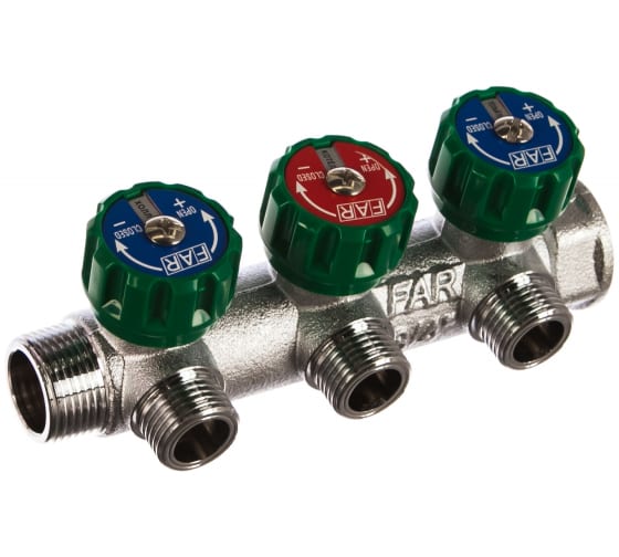 Коллектор регулирующий FAR 3/4" (ВР-НР) с 3 отв. 1/2" НР (межосев. 45 мм) купить с доставкой по РФ