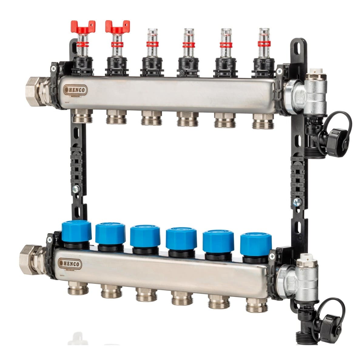 Коллектор Henco UFH-MDSS 1"х3/4" 6 вых., c термостат. клапанами, с расходомерами, сталь нерж.