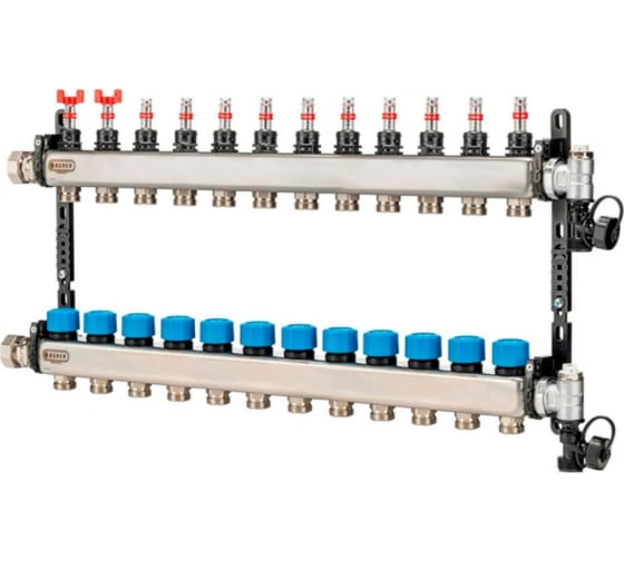 Коллектор Henco UFH-MDSS 1"х3/4" 12 вых., c термостат. клапанами, с расходомерами, сталь нерж.