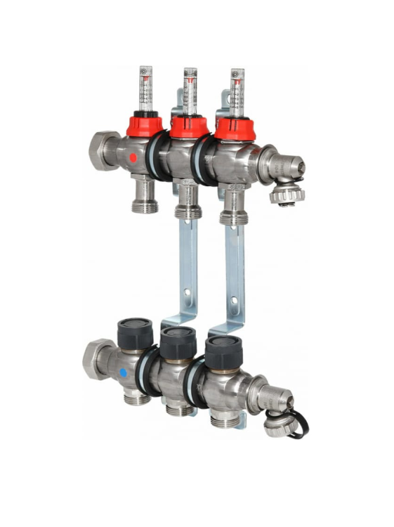 Коллектор Oventrop 1", Multidis SF 3, выход-3/4" ЕК, нержавеющая сталь, со встроенными ротаметрами 0-5 л/мин