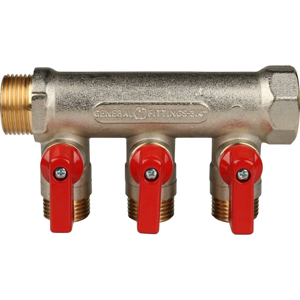 Коллектор с шаровыми кранами 3/4", 3 отвода 1/2" (красные ручки) Stout оформить заказ с доставкой с ближайшего склада