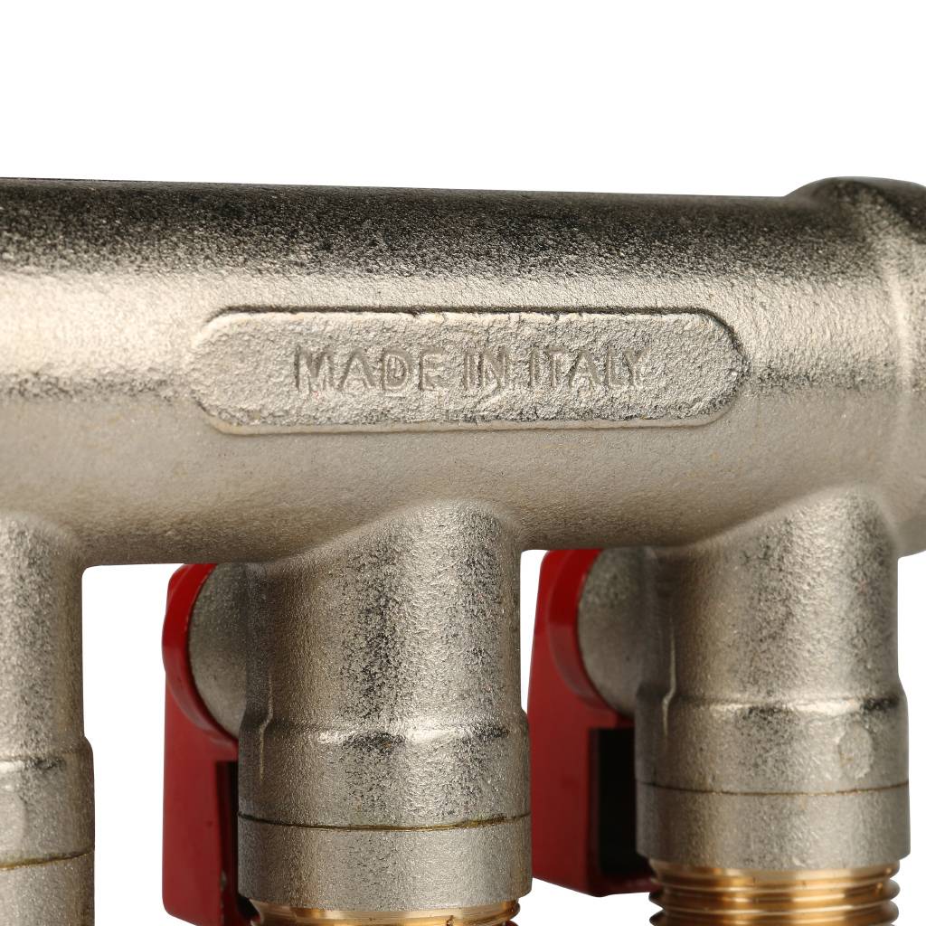 Коллектор с шаровыми кранами 3/4", 3 отвода 1/2" (красные ручки) Stout