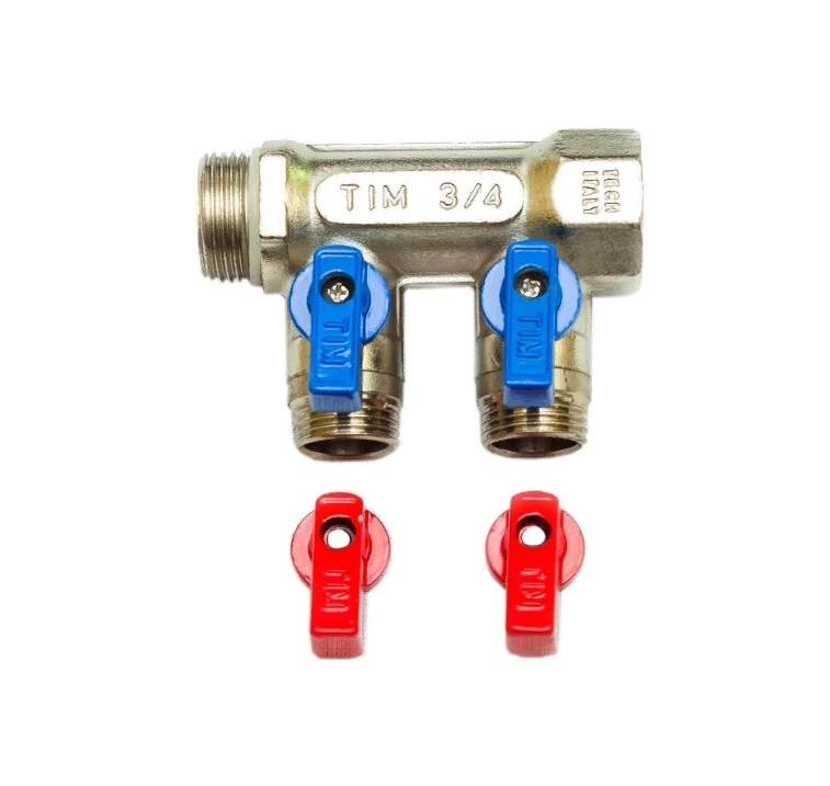 Коллектор запорный 3/4" х 1/2ш 2 - отв TIM (шаров.кран, под конус, никель)