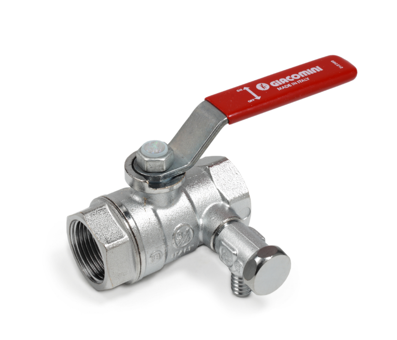 Кран шаровой, R250DS, 1/2", ВВ, ручка-рычаг красный, хромированный, со сливом Giacomini