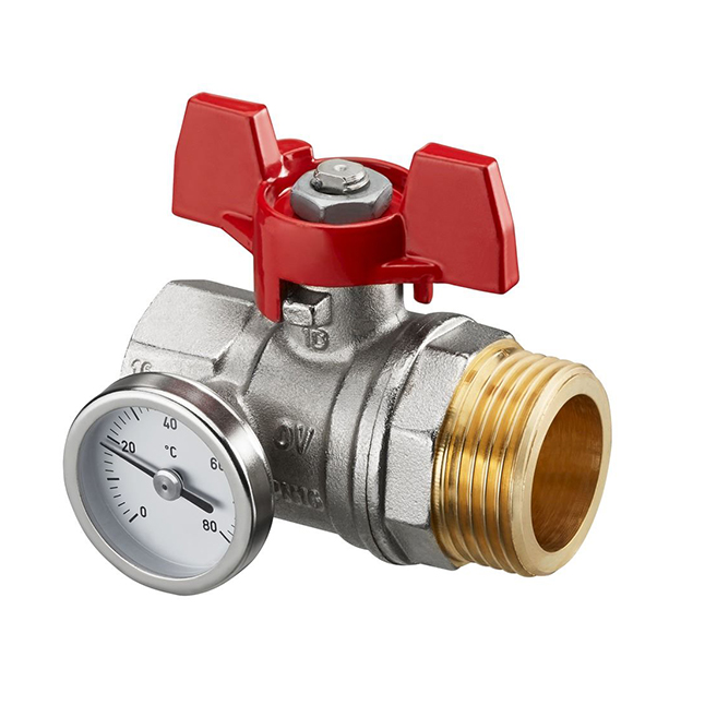 Кран шаровой DN 25 G 1х 1 НР, плоское уплотнение, с термометром, красный маховик