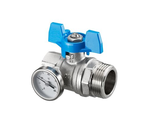 Кран шаровой DN 20 G ¾ х 1, плоское уплотнение, с термометром, синий маховик