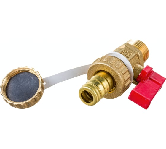 Кран шаровой Uni-Fitt НН 1/2" x 3/4" сливной со штуцером и заглушкой, флажок красный металл, латунный заказать со складов по всей России