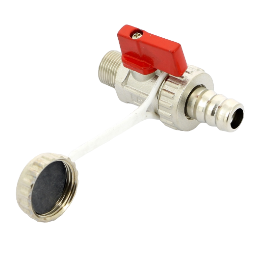 Кран шаровой Uni-Fitt НН 1/2" x 3/4" сливной со штуцером и заглушкой, флажок красный металл, никелированный