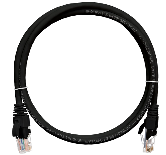 Коммутационный шнур NIKOMAX U/UTP 4 пары, Кат.5е (Класс D), 100МГц, 2хRJ45/8P8C, T568B, заливной, с защитой защелки, многожильный, BC (чистая медь), 24AWG (7х0,205мм), PVC нг(А), черный, 0,5м купить с доставкой по РФ