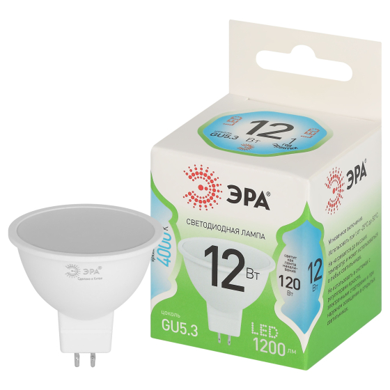 Лампочка светодиодная ЭРА GREEN LINE LED MR16-12W-840-GU5.3 GL GU5.3 12 Вт софит яркий белый свет купить с доставкой по РФ