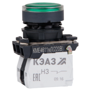 Кнопка КЭАЗ КМЕ 4622мЛ 24В зеленый 2но+2нз цилиндр индикатор IP65