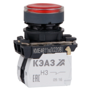Кнопка КЭАЗ КМЕ4611мЛ-24В-красный-1но+1нз-цилиндр-индикатор-IP65