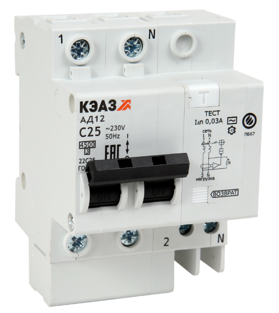 Выключатель автоматический дифференциального тока КЭАЗ 2п C 16А 30мА тип AC 4.5кА АД12-22 УХЛ4 купить с доставкой по РФ