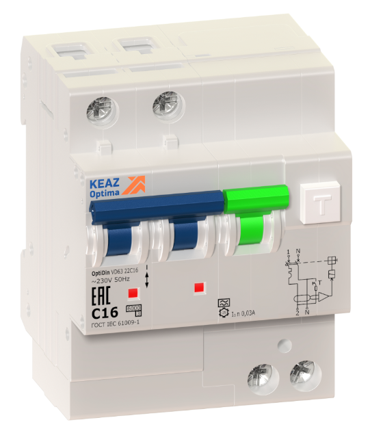 Выключатель автоматический дифференциального тока с защитой от сверхтоков КЭАЗ OptiDin VD63-22C20-A-УХЛ4 (2P, C20, 30mA) купить с доставкой по РФ
