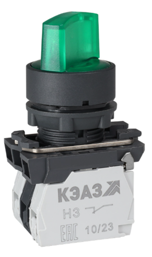 Переключатель КЭАЗ КПЕ1110РЛ-220В-зеленый-1но+0нз-ручка-фикс-2поз-индикатор-IP40